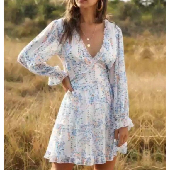 Summer Dress Size Large Boho Deep V Back Chicwish Floral Open Back Ruffle - Picture 7 of 14
